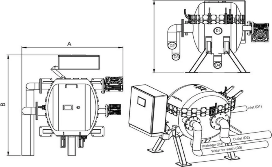 Technical drawing of the FDF unit with overall dimensions A and B and connections D1 to D4